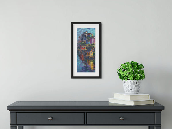Colours of Home by Adam Young framed above a dark grey console table