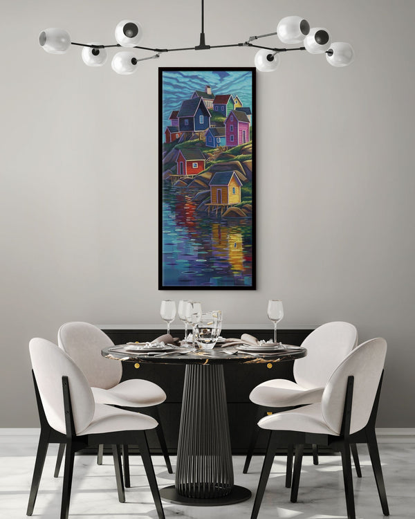 Large framed Colours of Home print by Adam Young in a modern dining room