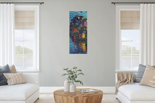 Colours of Home canvas by Adam Young between two windows in a bright living room