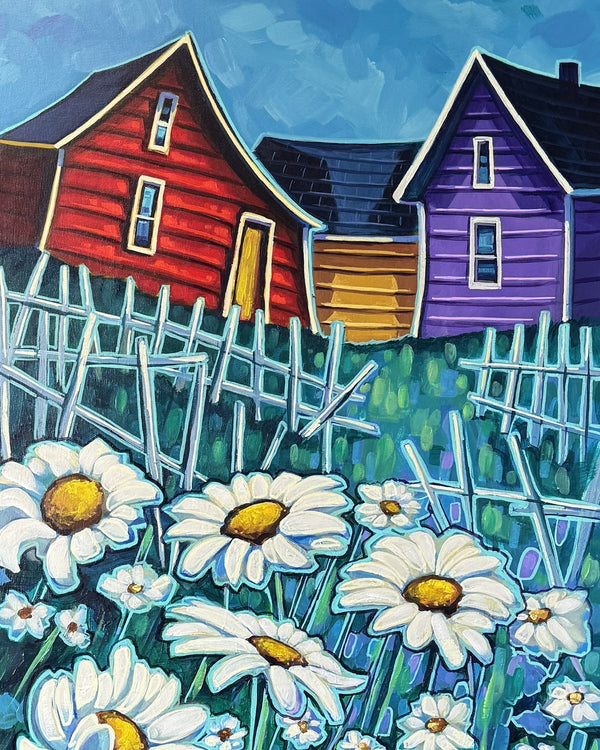 Daisies by Adam Young, red, mustard and purple saltbox homes behind a picket fence with white daisies in the foreground