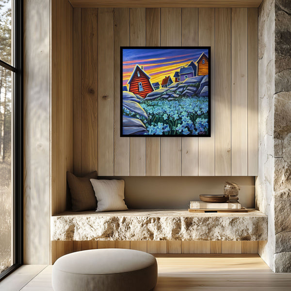 Forget Me Nots by Adam Young on a wood-panelled wall above a stone bench