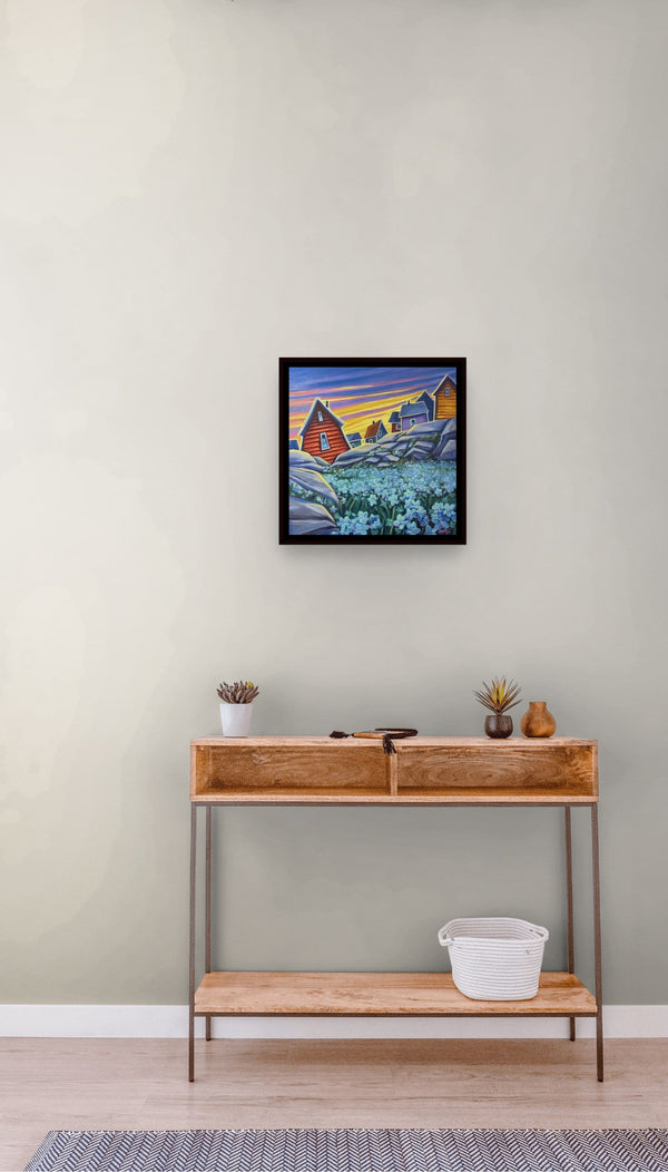 Forget Me Nots by Adam Young above a console table in a hallway