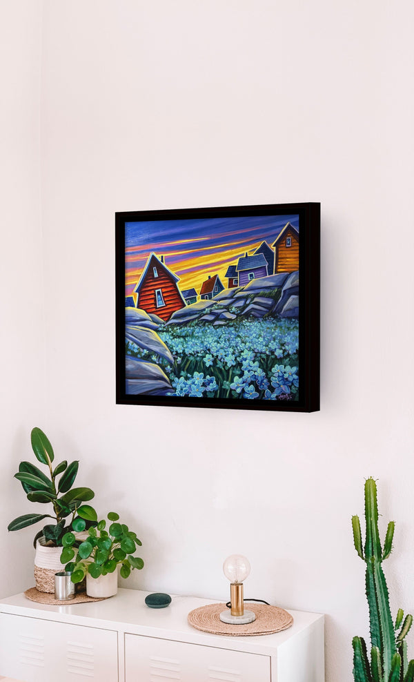 Forget Me Nots by Adam Young framed on a white wall above a sideboard