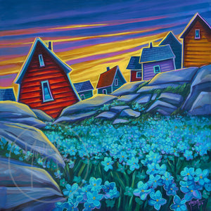 Forget Me Nots by Adam Young — blue forget-me-nots and colourful saltbox homes at sunset