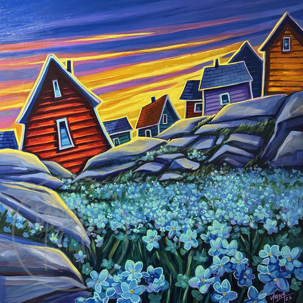 Forget Me Nots by Adam Young — blue forget-me-nots and colourful saltbox homes at sunset
