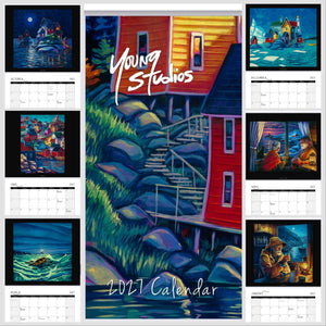 2027 wall calendar by Adam Young, artwork of a red house and surrounding scenes.