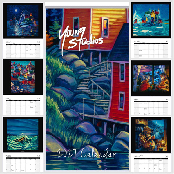 2027 wall calendar by Adam Young, artwork of a red house and surrounding scenes.