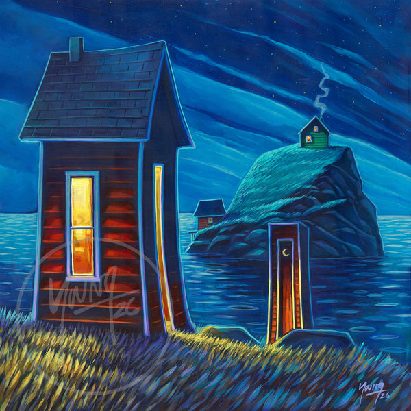 Little Outhouse by Adam Young — original acrylic painting of a night-lit outhouse on the Newfoundland shore