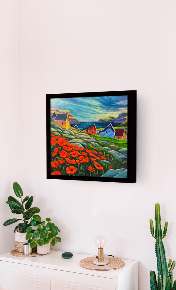 Patch of Poppies by Adam Young framed on a white wall above a sideboard