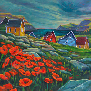 Patch of Poppies by Adam Young — scarlet poppies above a harbour with colourful saltbox homes