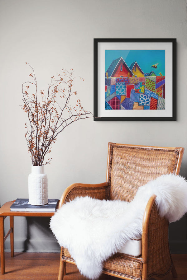 Bee and Quilt framed paper print shown in a room setting