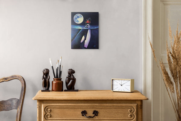 Black Fish Blue Moon framed paper print shown in a room setting